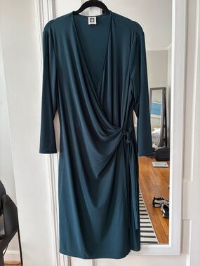 Anne Klein Teal Wrap-Style Long-Sleeve Dress